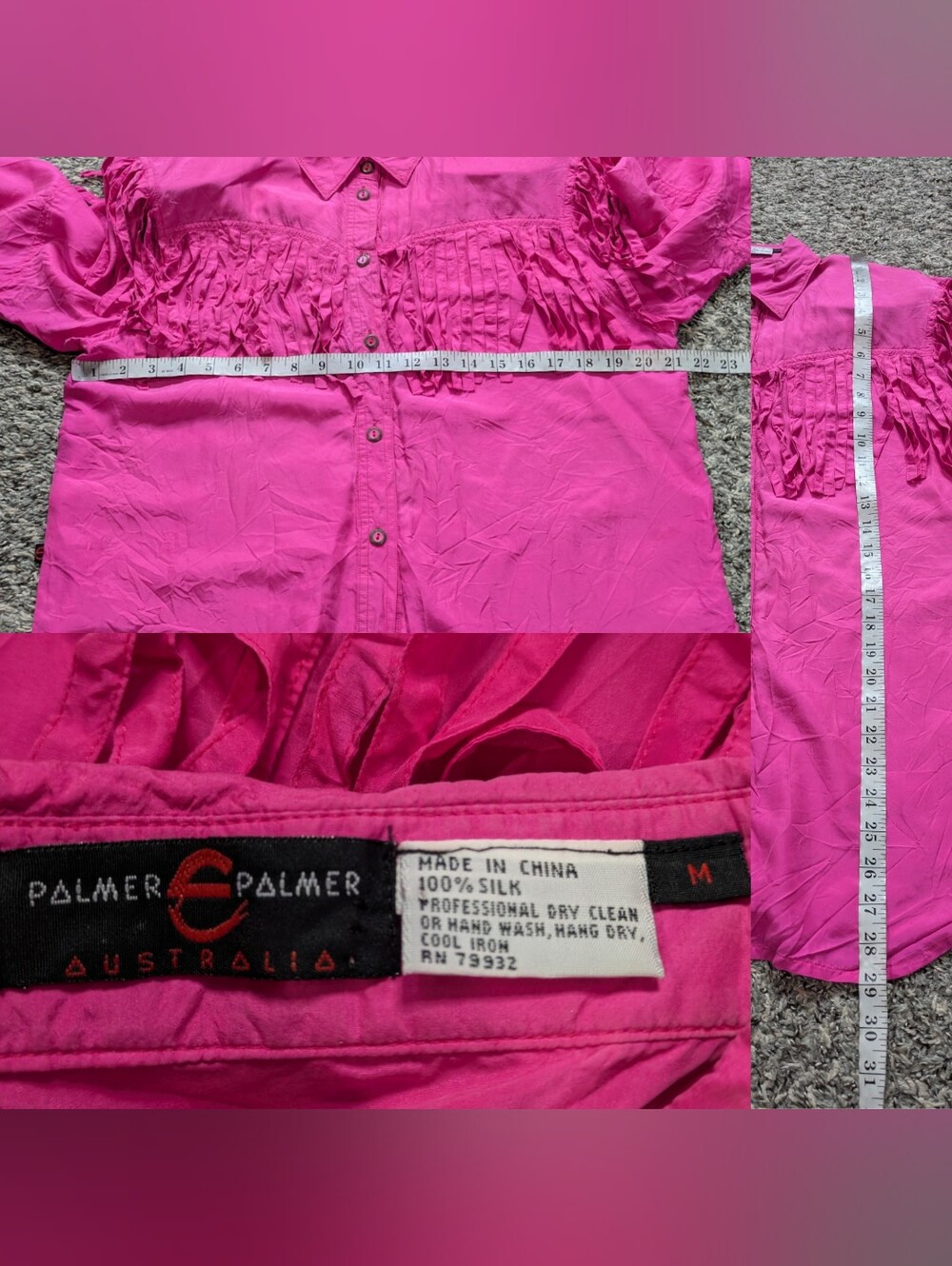 Vintage Palmer Pink Fringe Long Sleeve Silk Button Up M - Picture 8 of 8